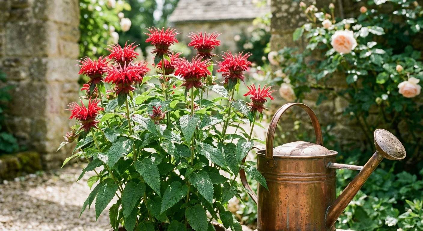 A healthy red Bee Balm plant with water droplets on its leaves in a bright garden.