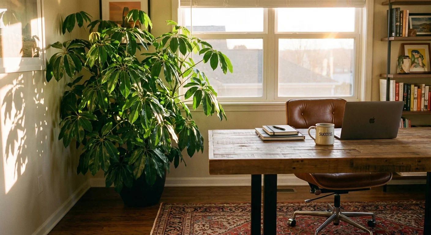 A healthy, thriving Umbrella Plant in a modern home office setting at sunset.