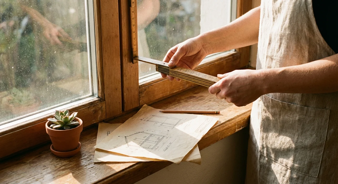 A homeowner measuring a window frame for a replacement project in a bright room.