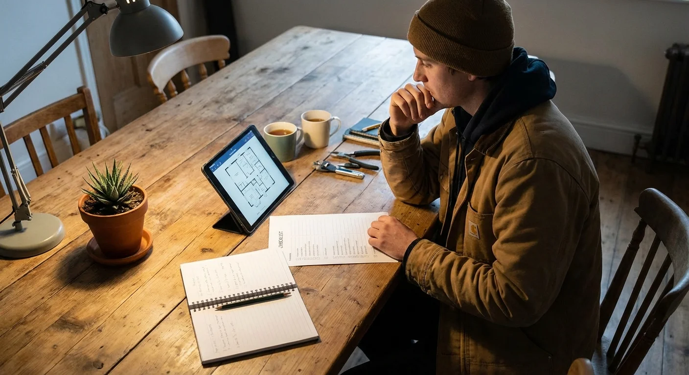 A homeowner planning their maintenance budget and schedule in a cozy, sunlit home office.