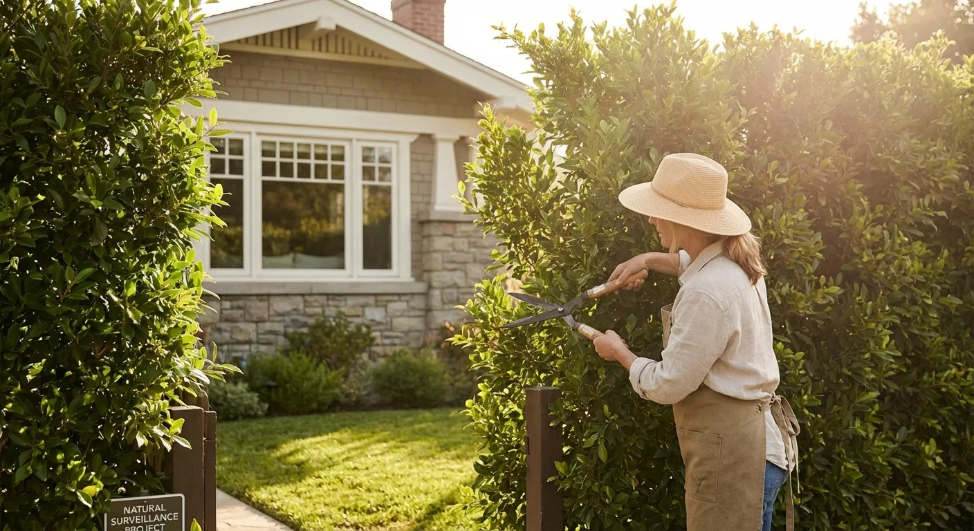 A homeowner pruning garden shrubs to ensure windows remain visible from the street.