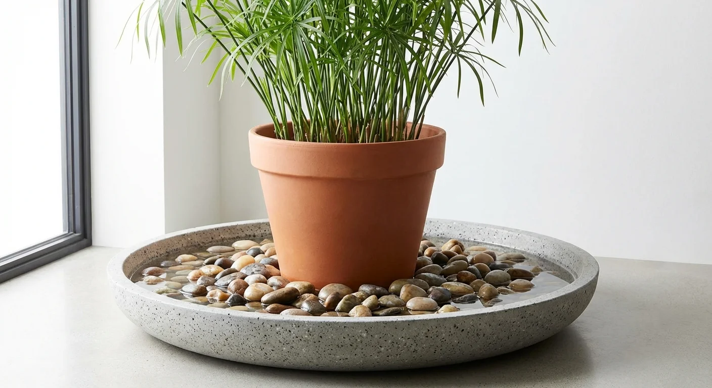 A humidity tray with pebbles and water under an Umbrella Plant pot.