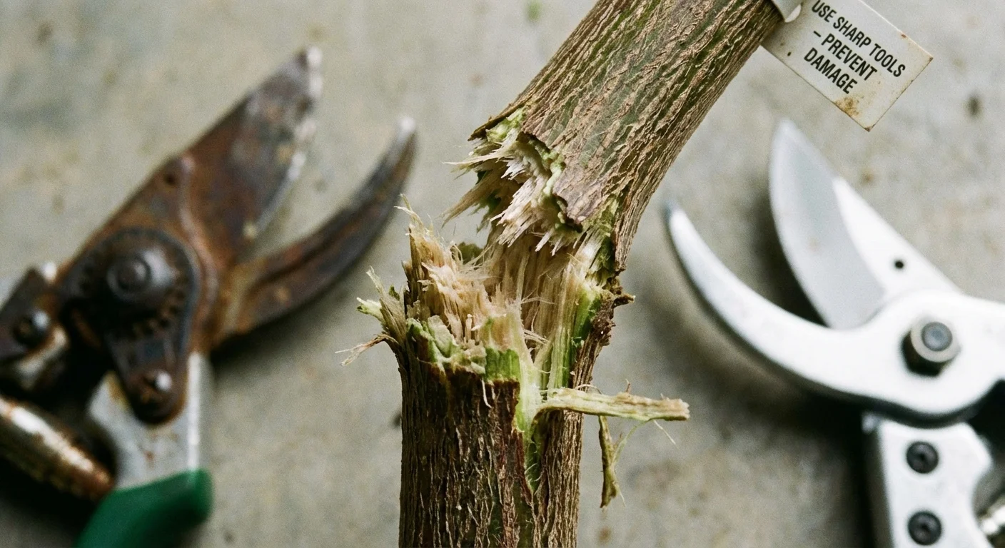 A jagged cut on a plant stem, showing a common pruning mistake.