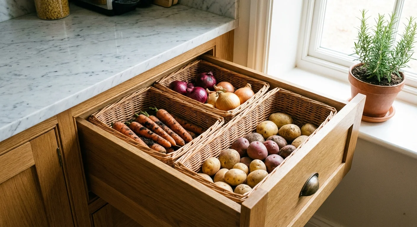 A kitchen drawer with wicker basket dividers holding fresh vegetables like carrots and onions.