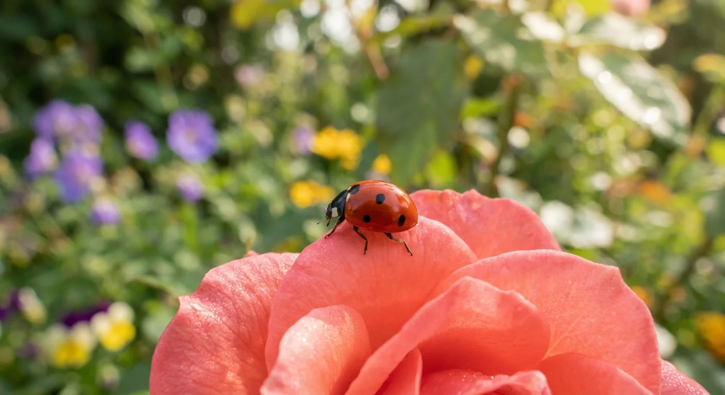 A ladybug crawling on a flower, representing natural pest control and garden health.