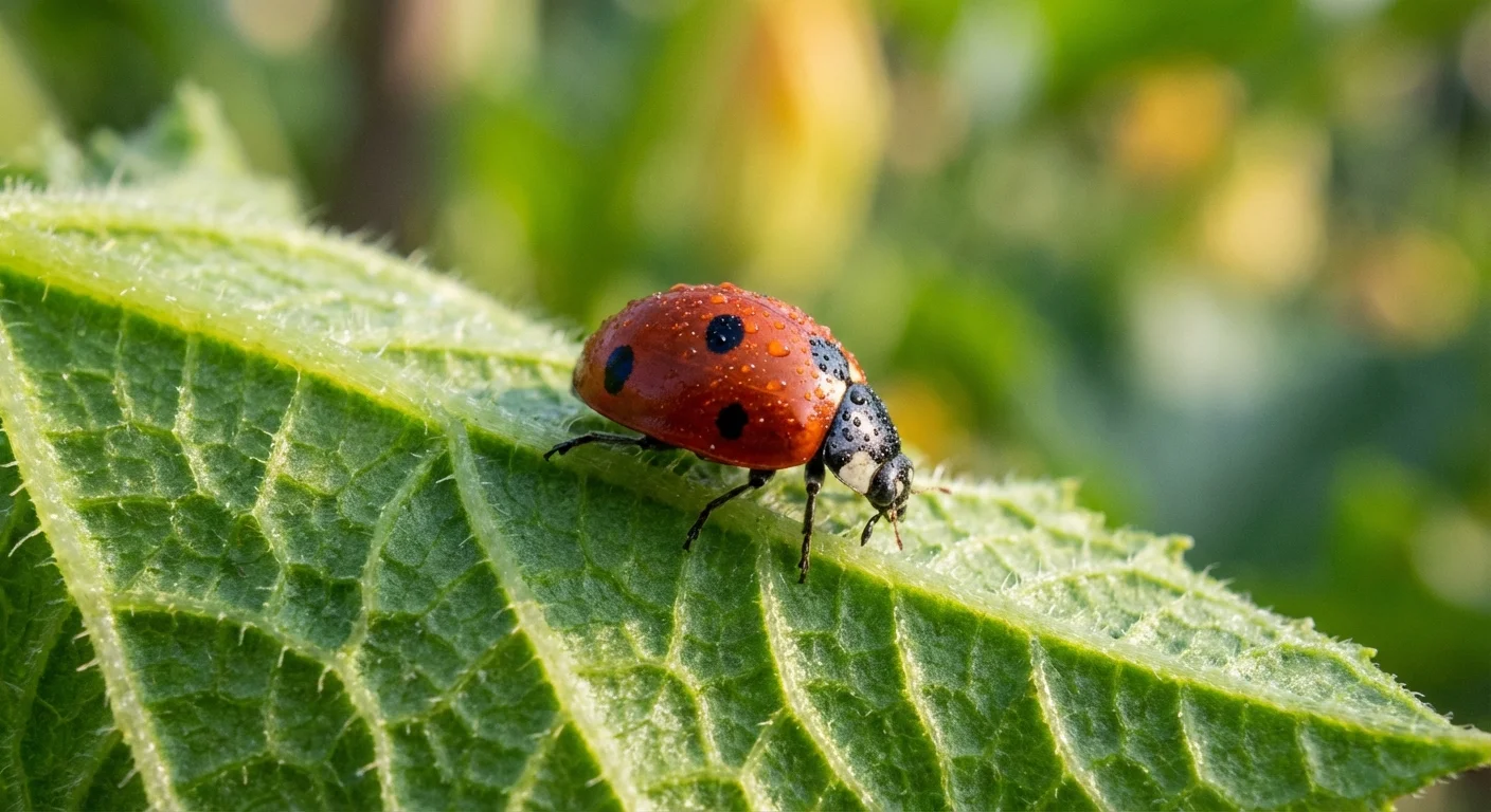 A ladybug on a green zucchini leaf, representing natural pest control.