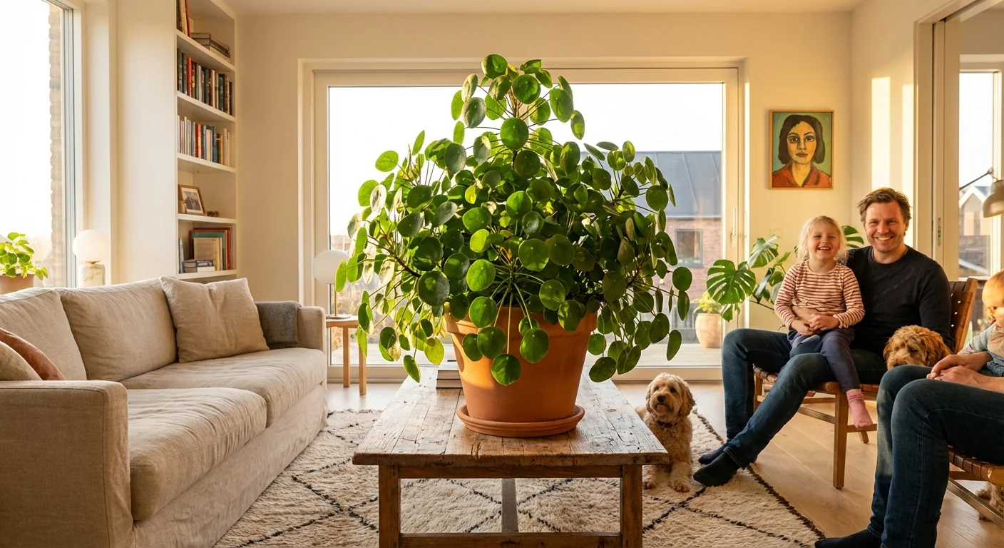 A large, healthy Pilea plant thriving in a bright, modern living room.