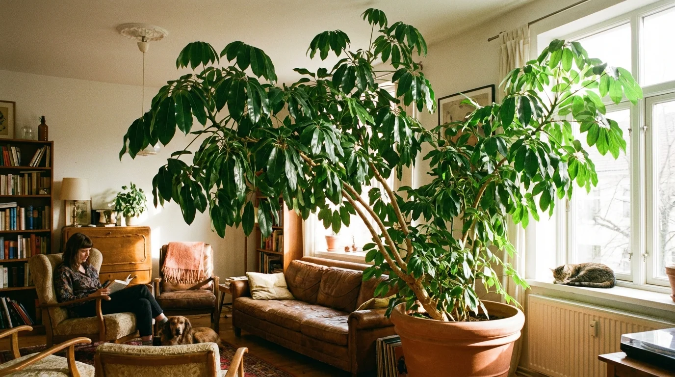 A large, healthy Umbrella Plant thriving in a bright home interior.