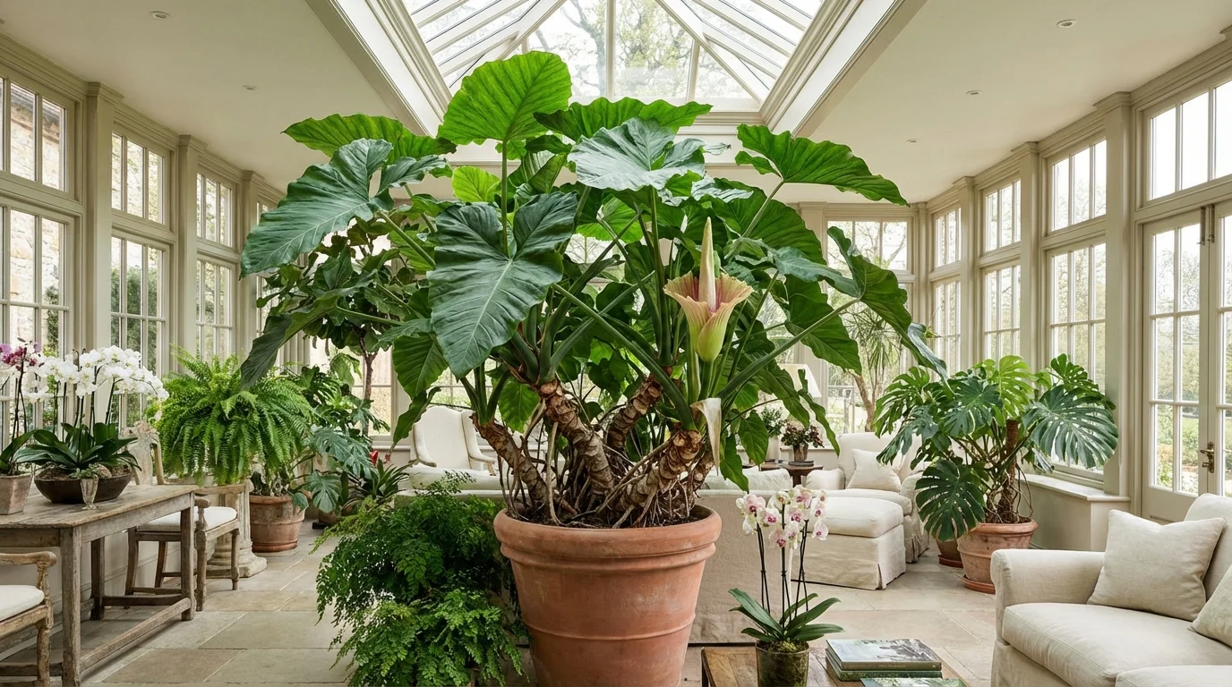 A large indoor Arrowhead plant in a sunroom with one rare flower visible.
