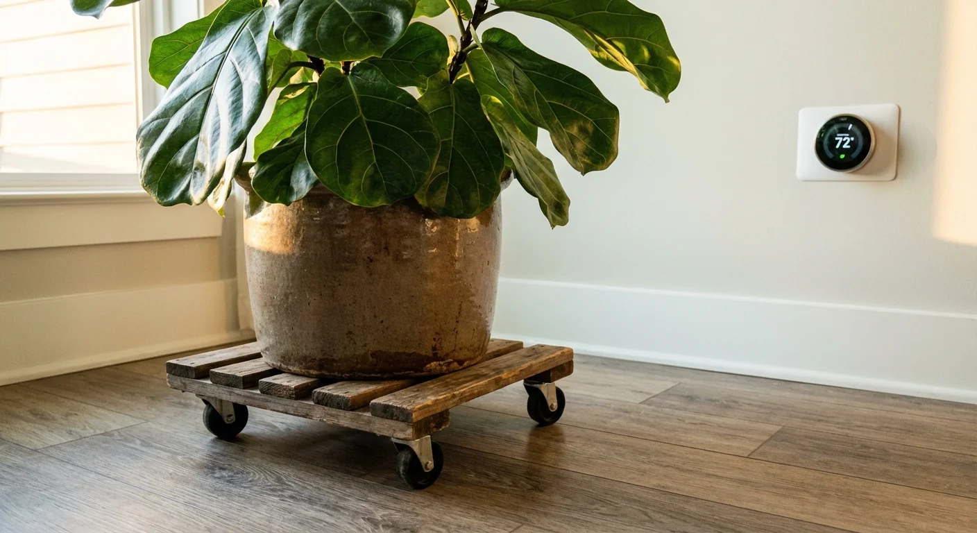 A large indoor plant on a rolling stand being moved across a sleek, hard-surface floor.