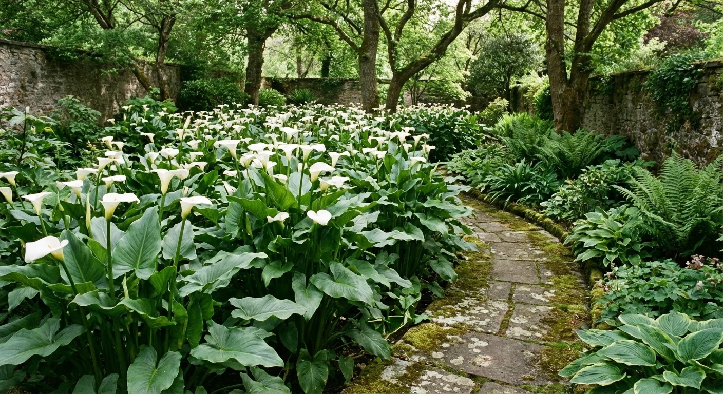 A large, mature clump of Calla Lilies growing along a stone garden path.