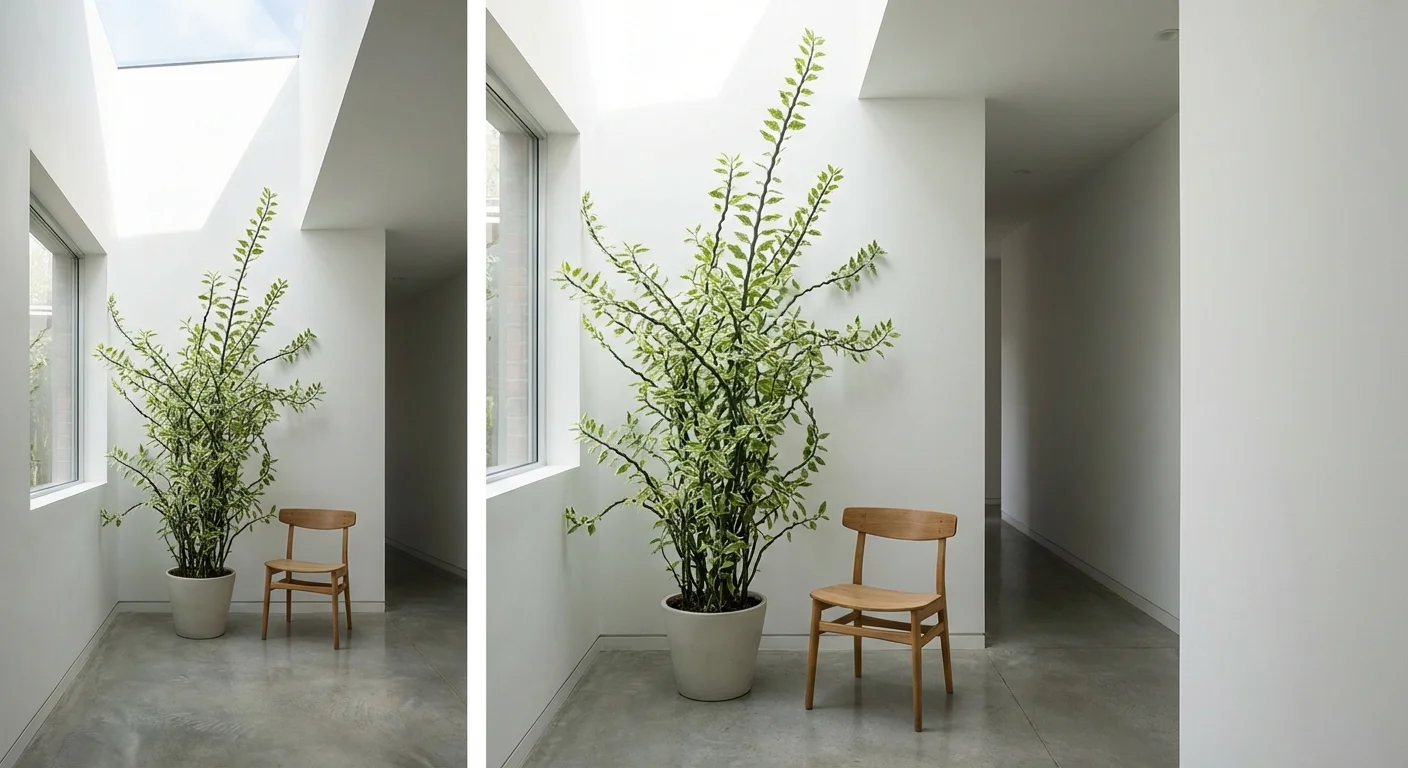 A large, mature Devil's Backbone plant standing tall in a hallway.