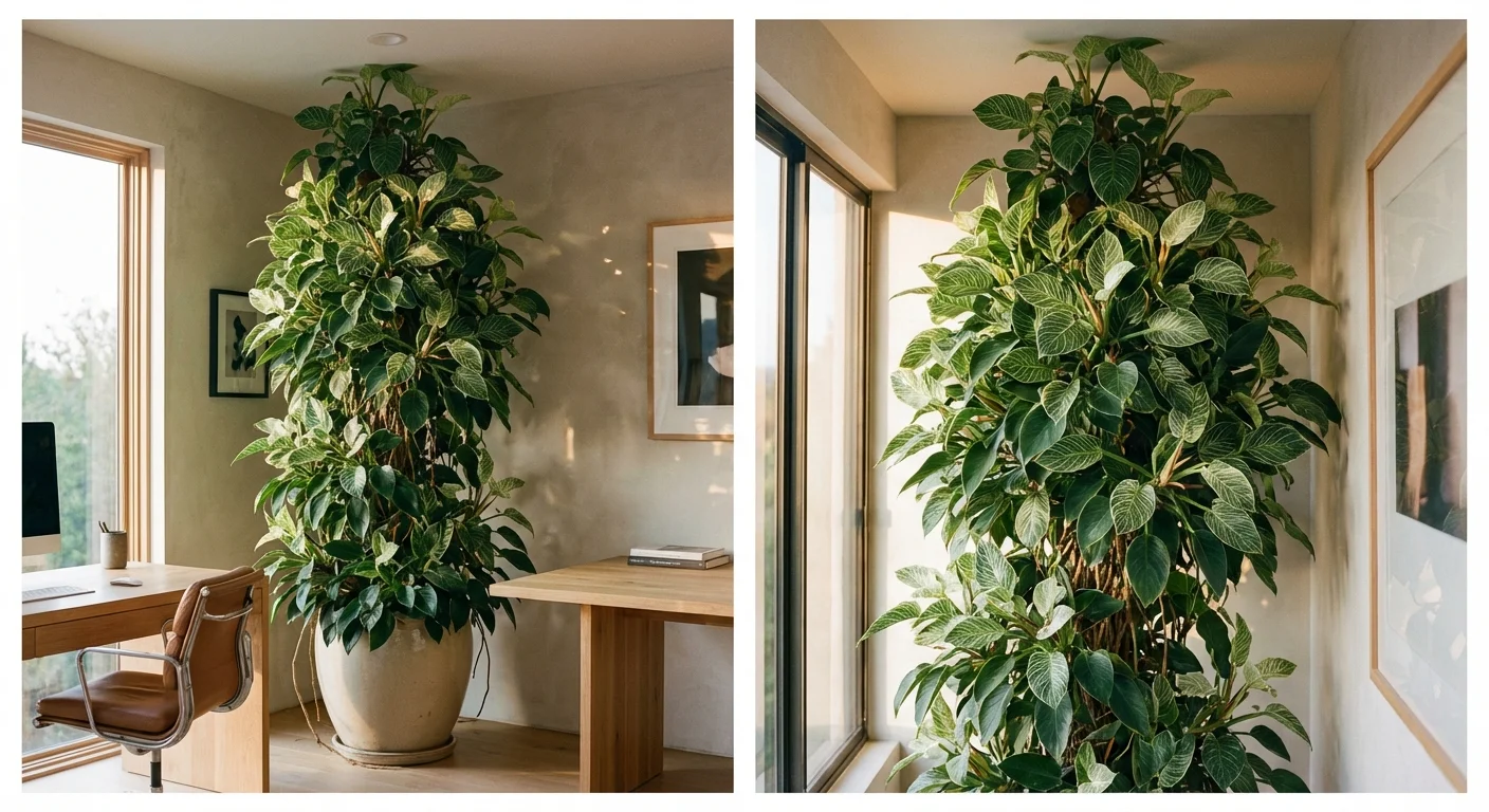 A large, mature Philodendron Birkin plant showing years of growth in a home office.