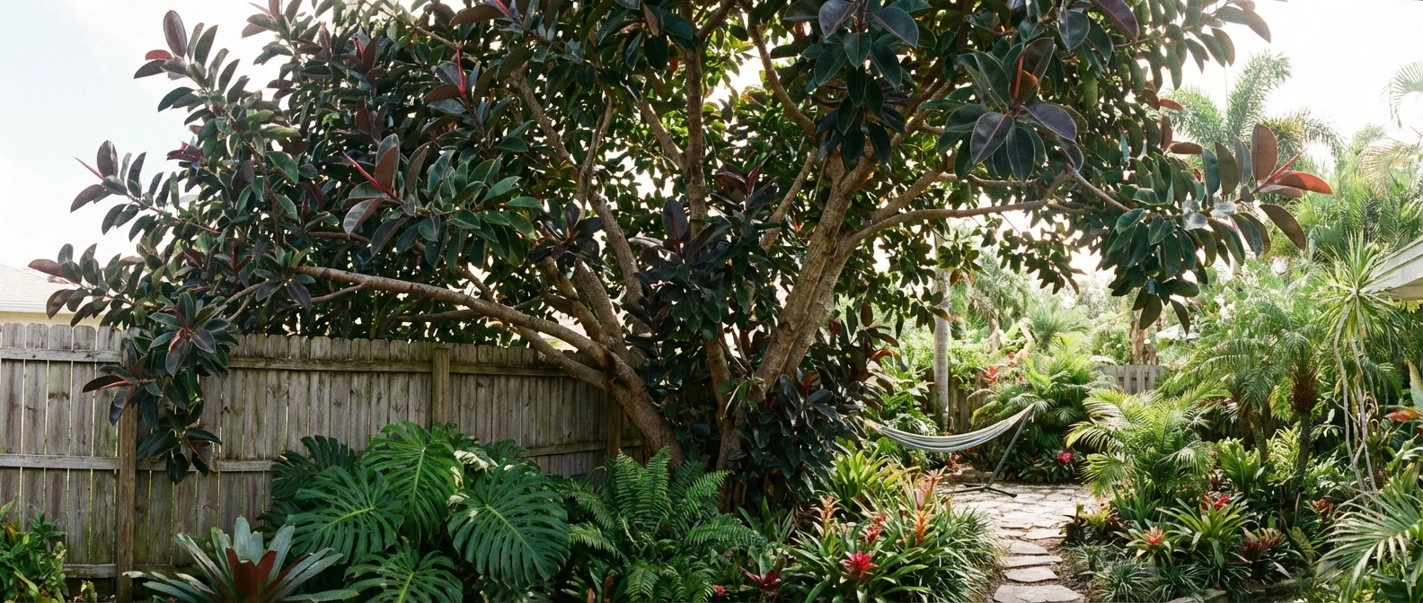 A large, thriving rubber plant acting as a focal point in a lush backyard garden.