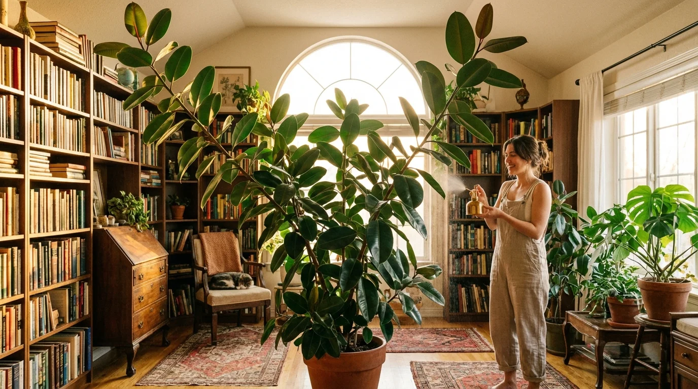 A large, thriving Rubber Plant as a beautiful decor piece in a home library.