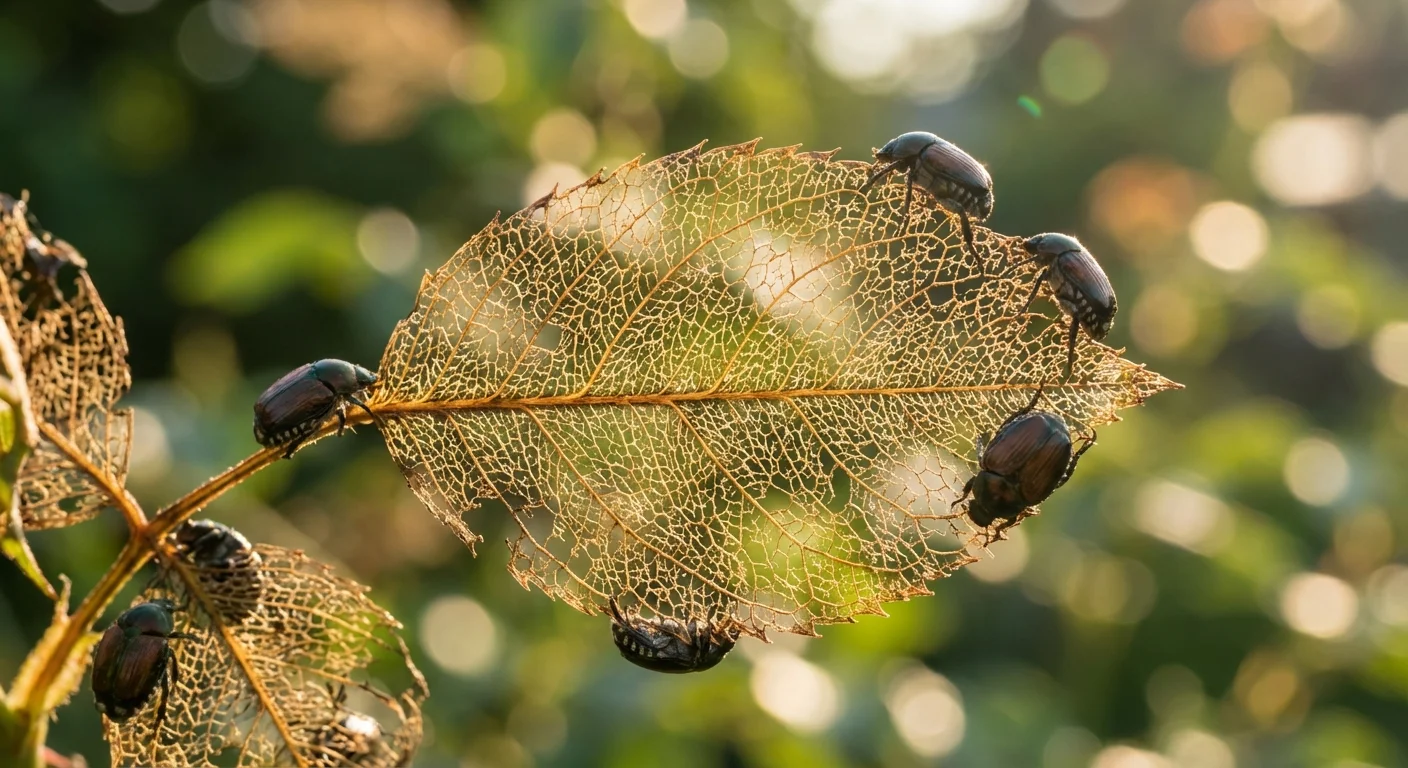A leaf damaged by Japanese beetles, showing a skeletonized lace-like pattern.
