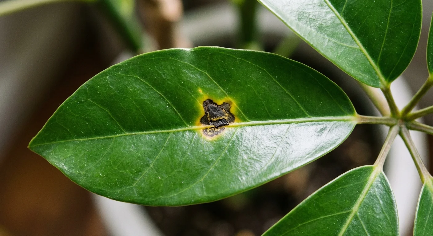 A leaf with a dark spot indicating potential risks of over-misting.