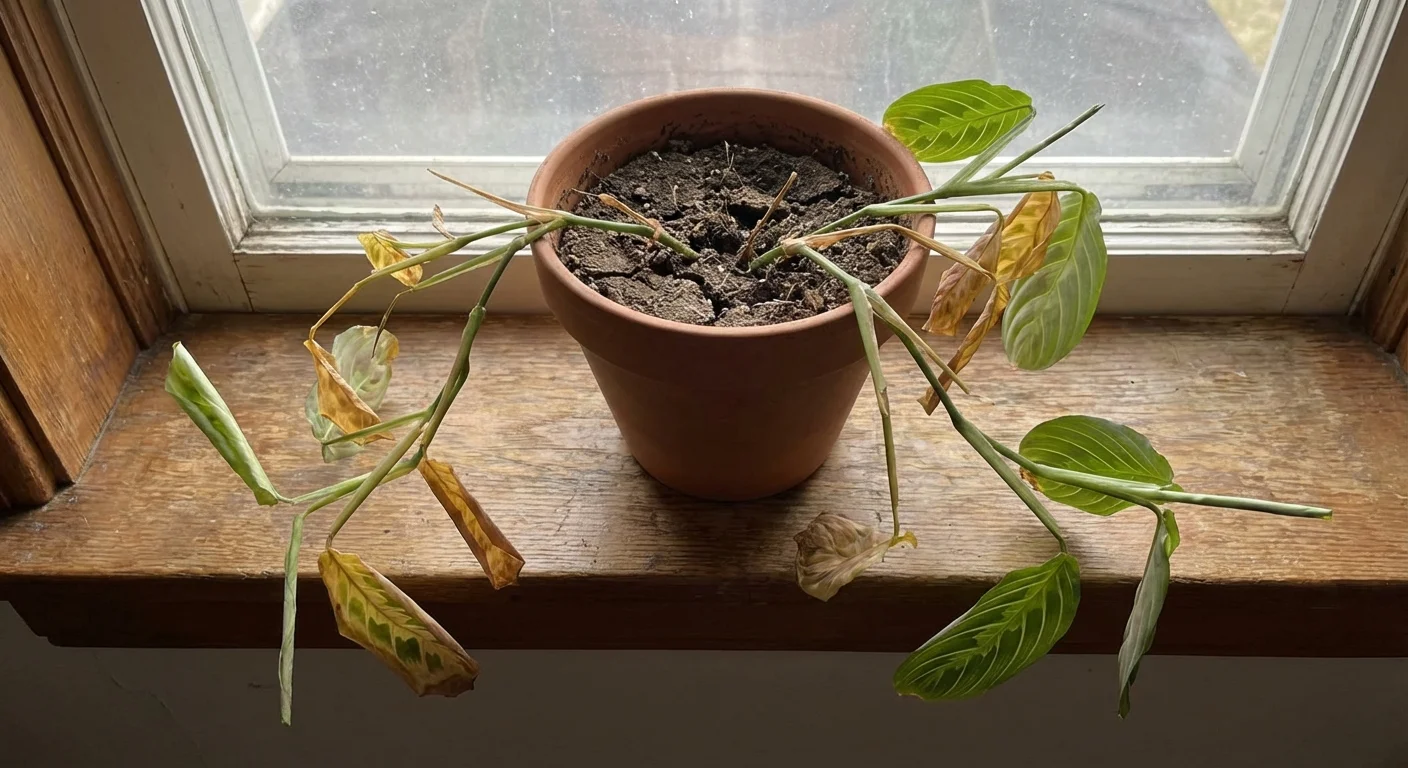 A leggy prayer plant with sparse leaves needing a trim.