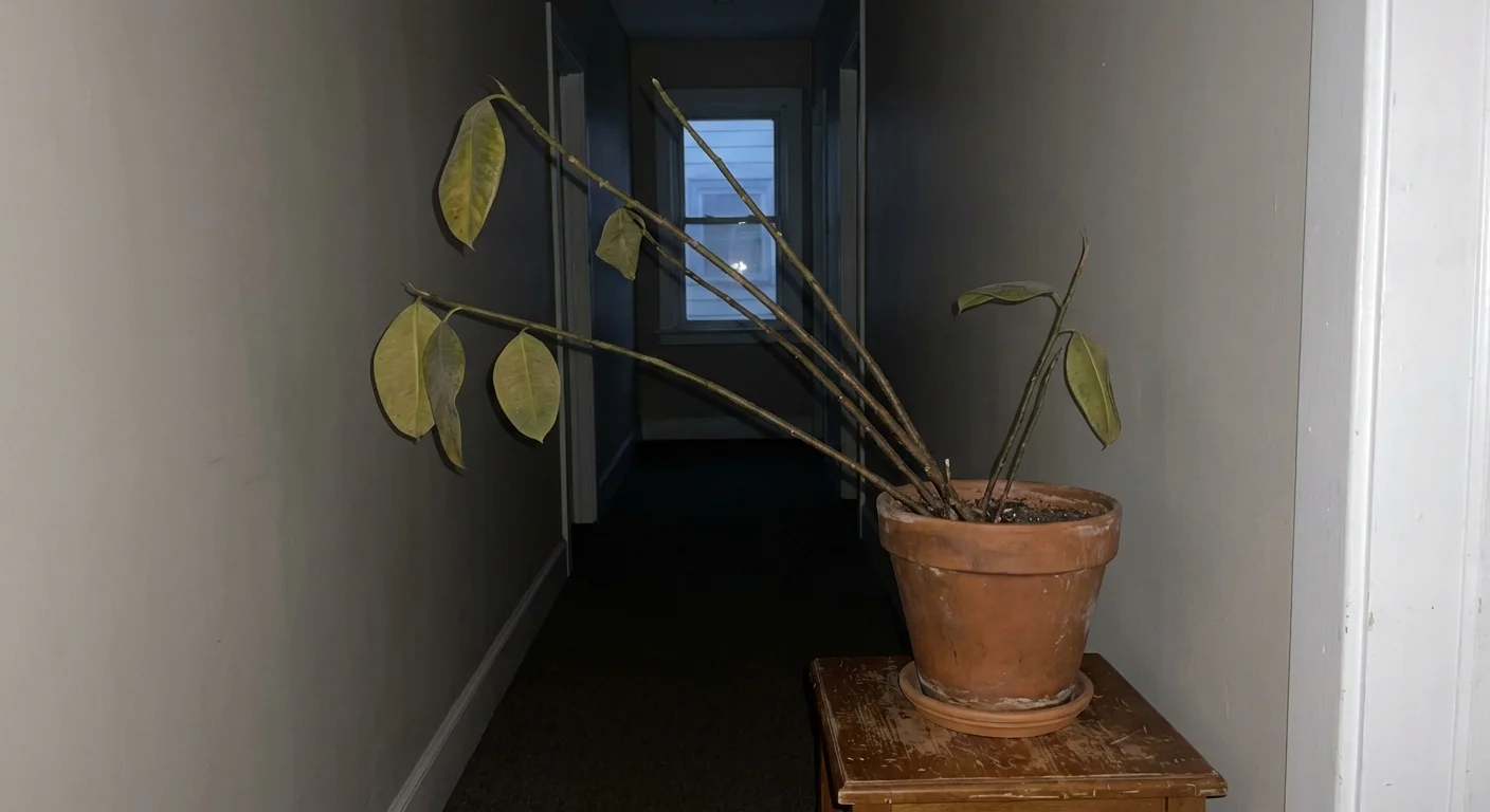 A leggy Rubber Plant with yellowing leaves reaching toward a distant light source.