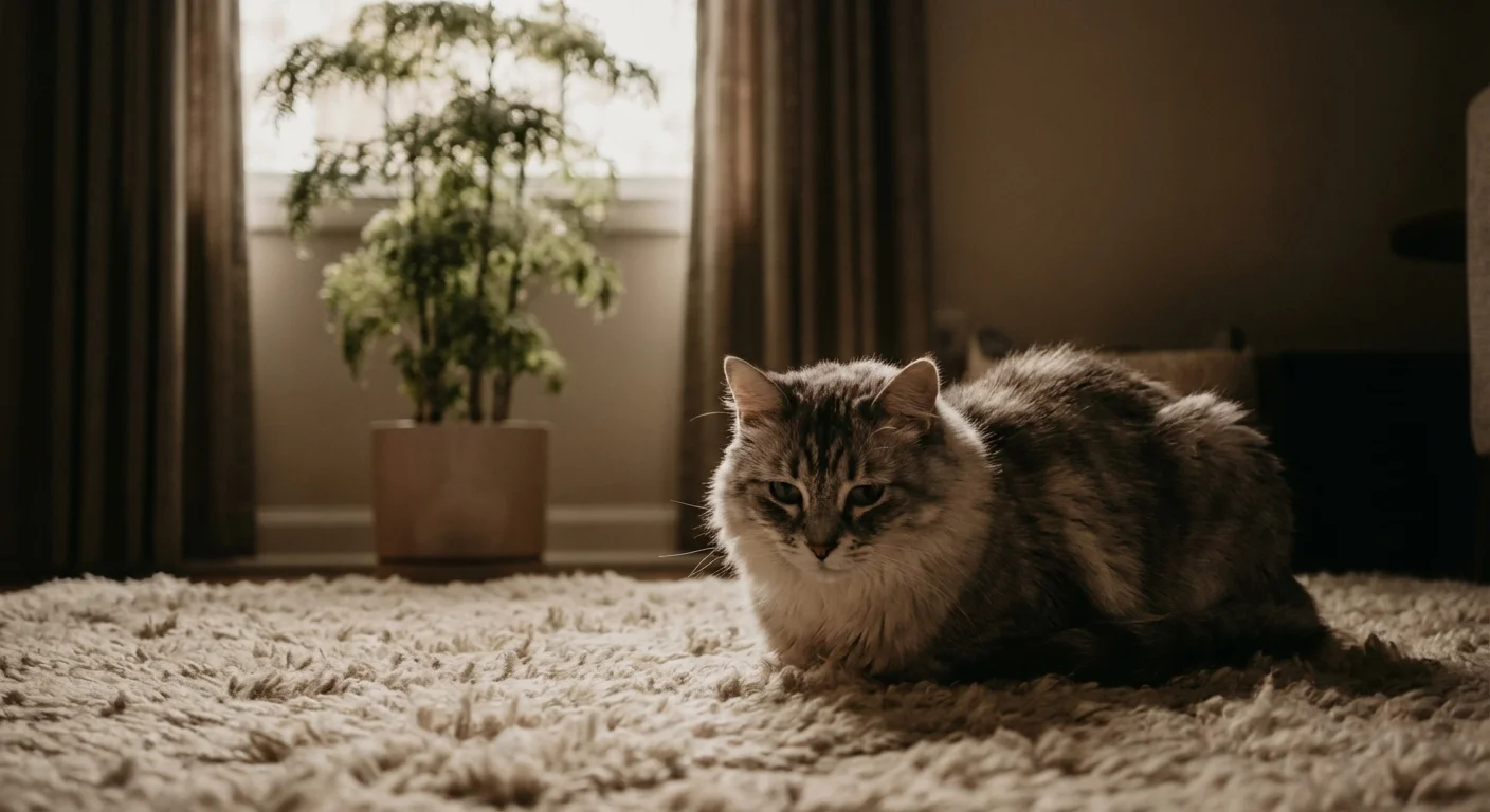 A lethargic-looking cat lying on a rug, suggesting symptoms of illness.