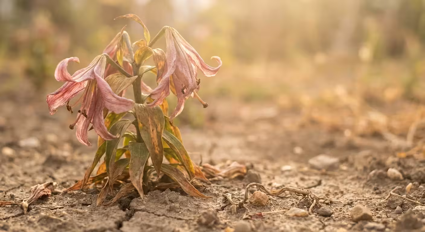 A lily plant showing signs of heat stress and dry soil.