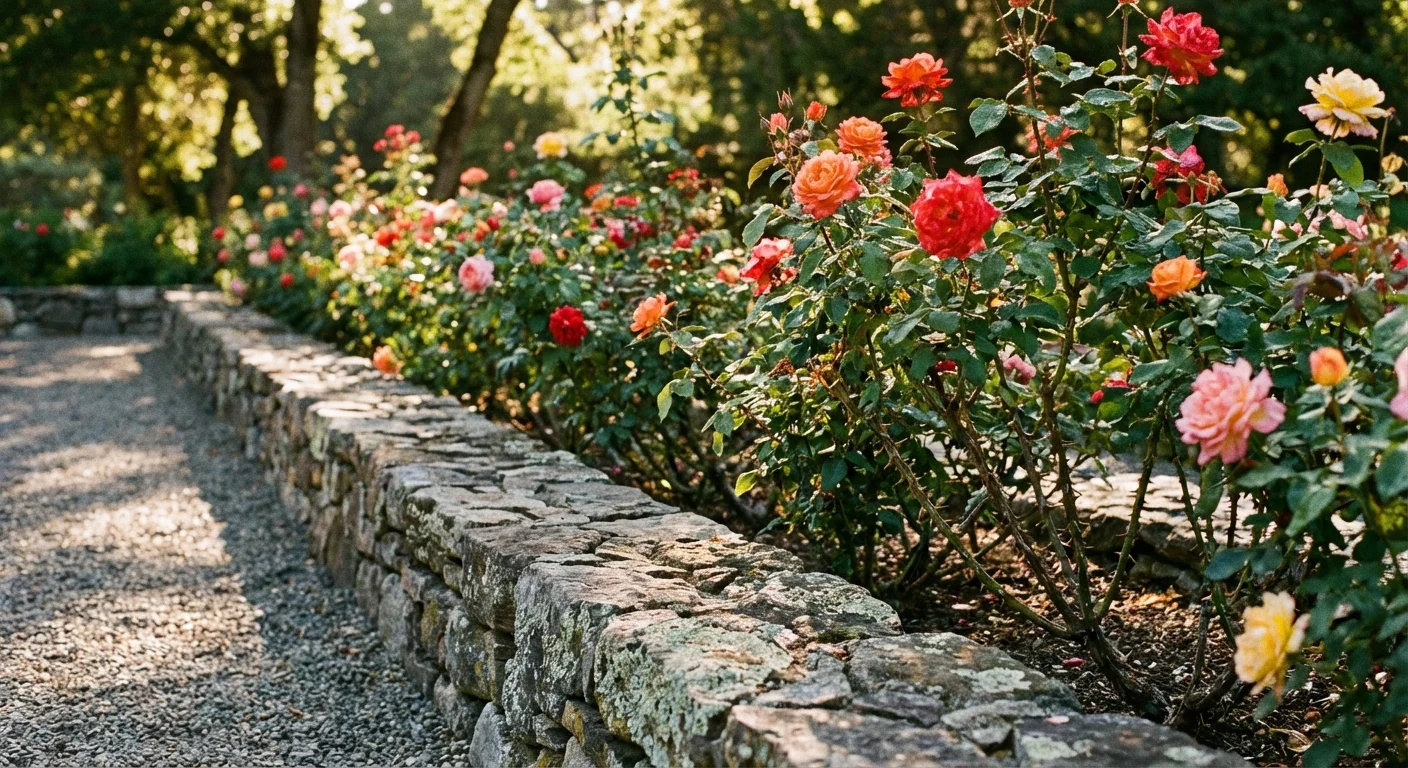 A low stone wall bordered by thorny rose bushes, acting as a decorative but protective perimeter.