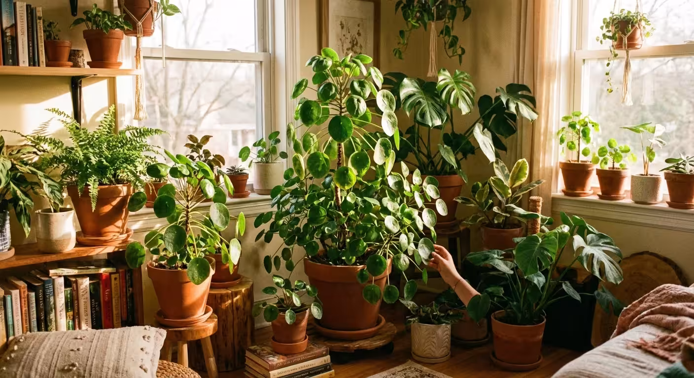 A lush indoor garden corner featuring several healthy Chinese Money Plants.