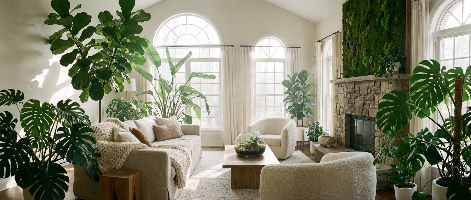 A lush, sun-drenched living room showcasing a healthy indoor environment and vibrant greenery.