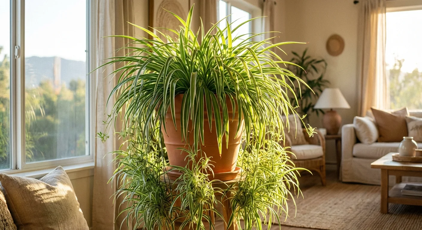 A lush, thriving spider plant with many offshoots in perfect lighting.