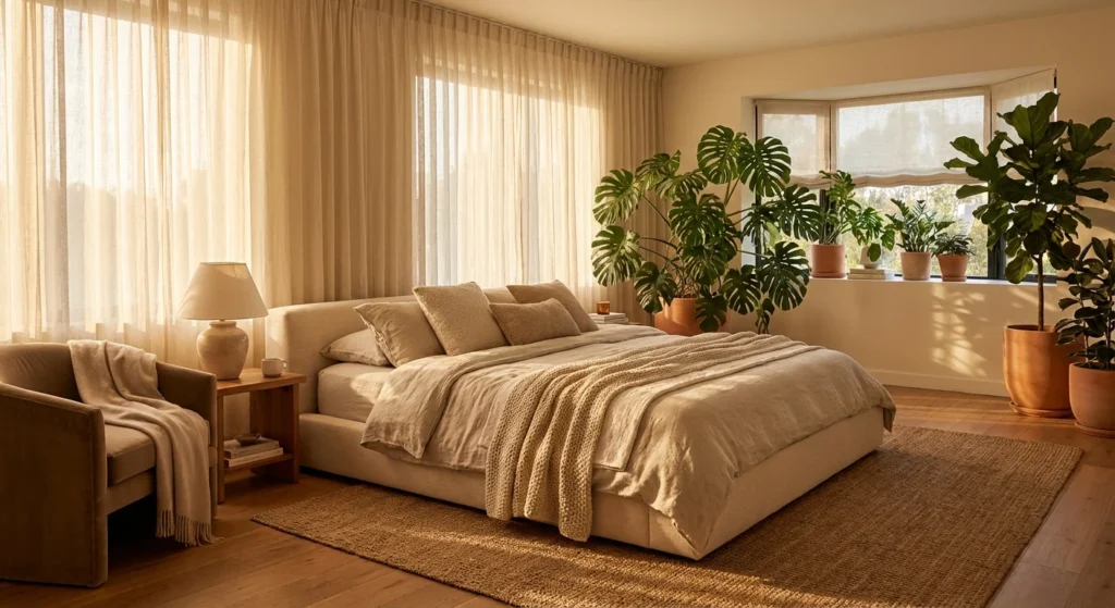 A luxurious, plant-filled bedroom with soft linen bedding and golden sunlight streaming through the windows.