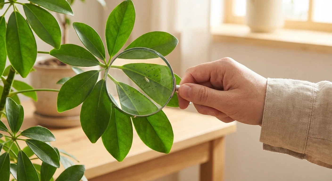 A magnifying glass inspecting an Umbrella Plant leaf for signs of pests or disease.