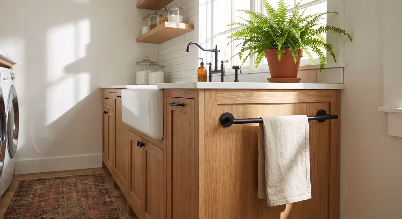 A matte black towel bar mounted to a laundry vanity, holding a clean cloth near a white sink.