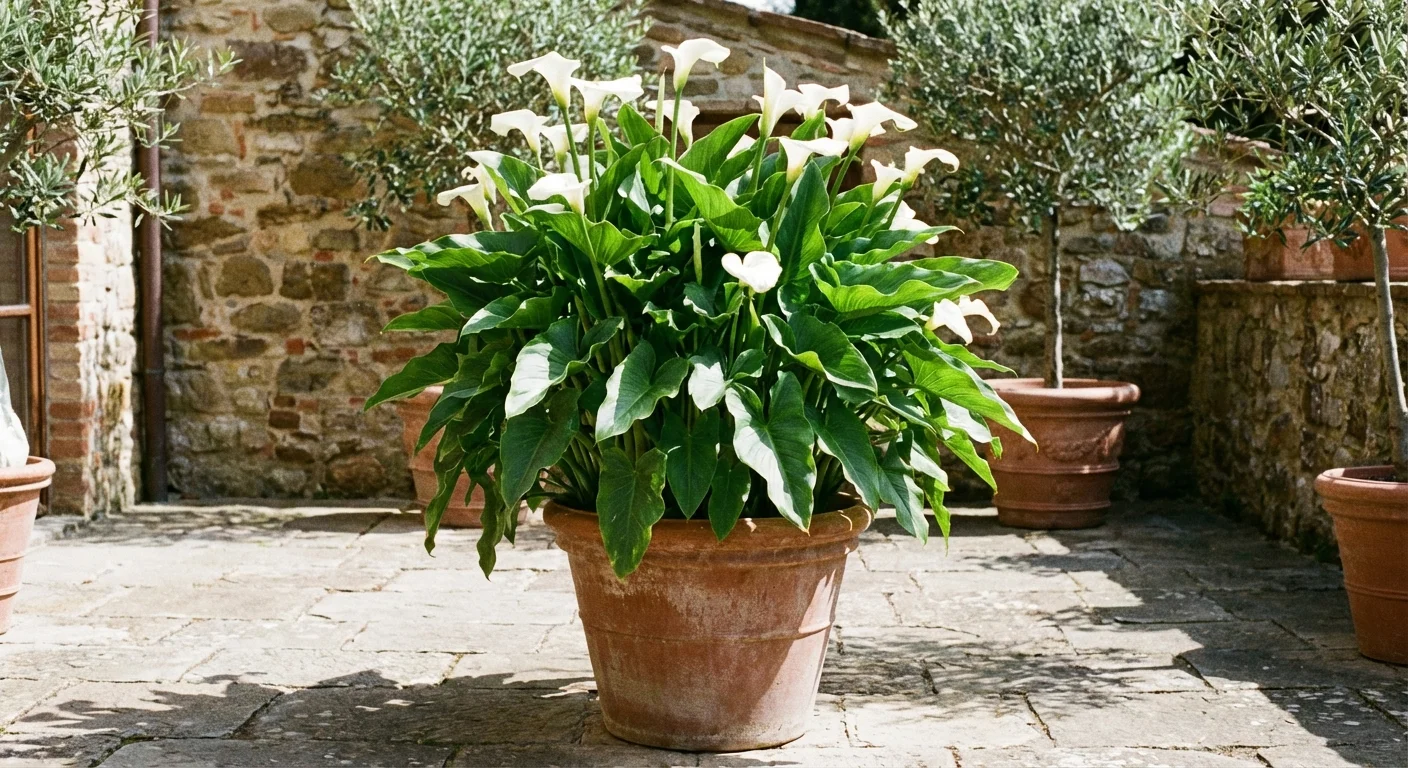 A mature calla lily plant in a terracotta pot on a sunny patio.