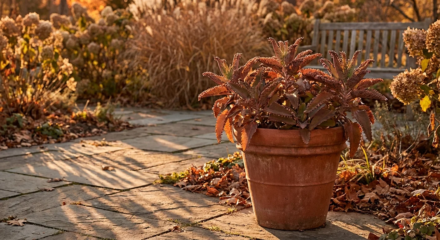 A mature Mother of Thousands plant in a terracotta pot outdoors during a warm autumn sunset.