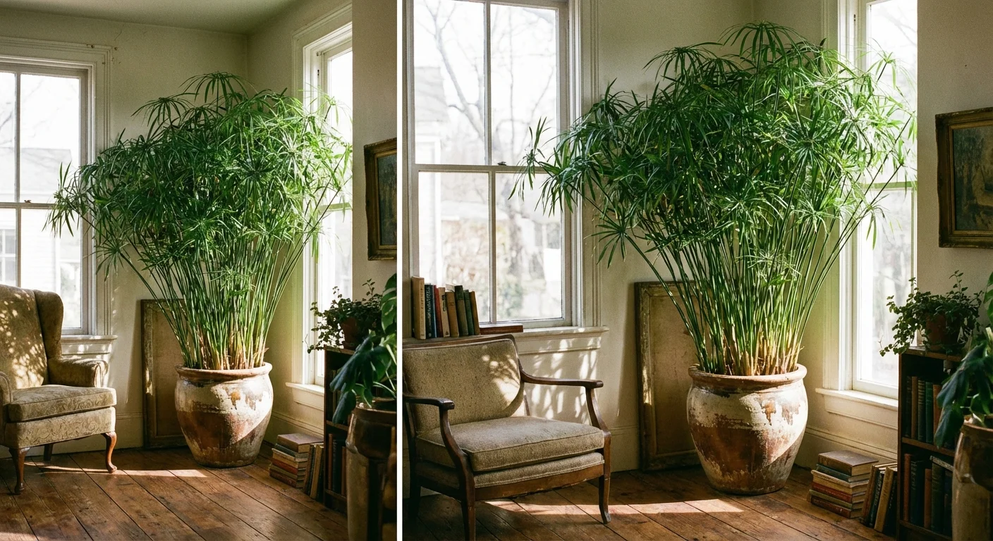 A mature, tall Umbrella Plant in a ceramic pot, representing years of healthy growth.