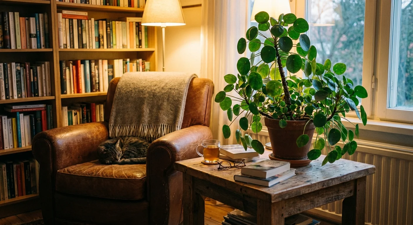 A mature, thriving Chinese Money Plant in a cozy, well-lit reading corner.