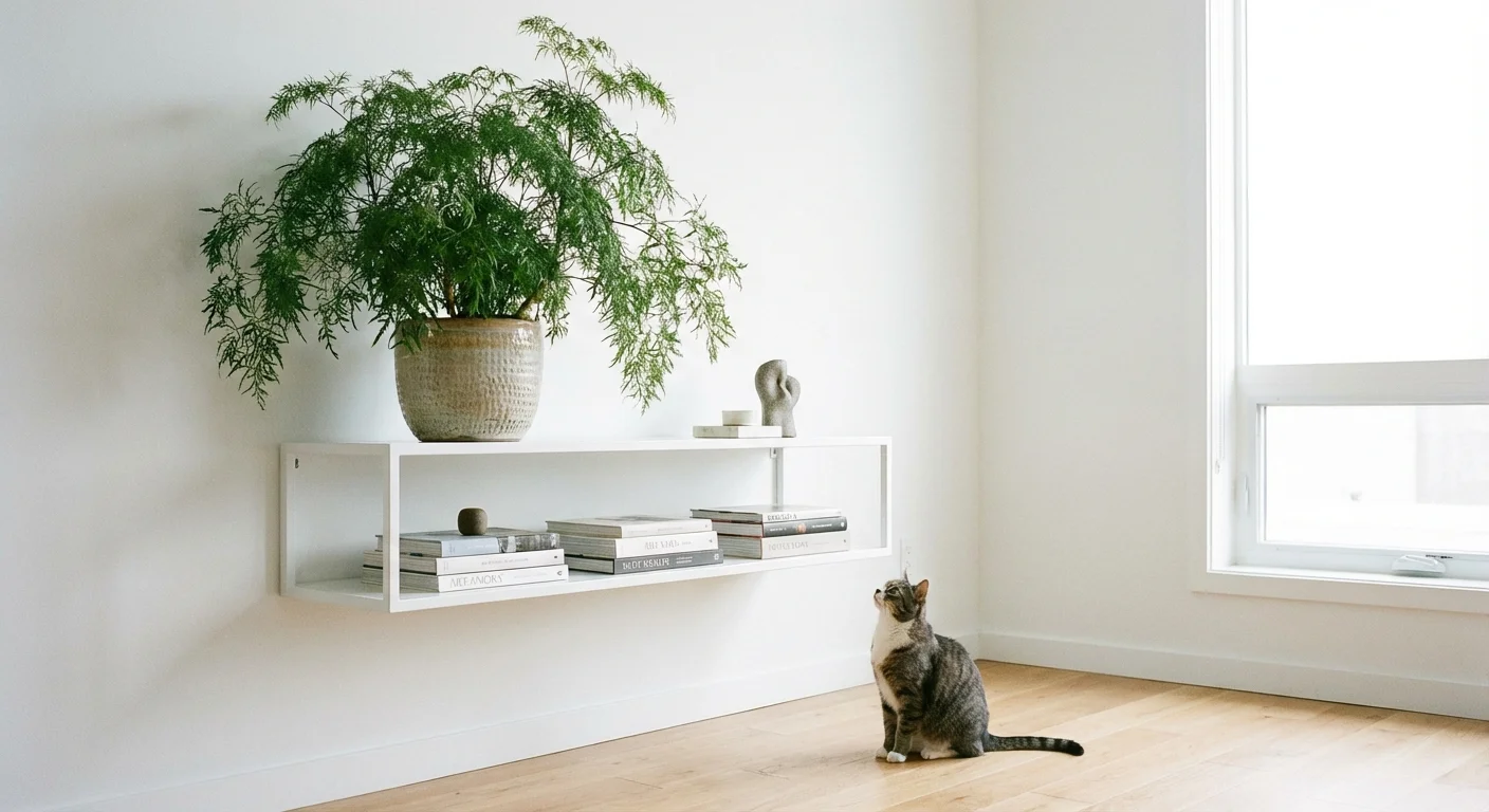 A Ming Aralia plant placed safely on a high shelf away from a cat.