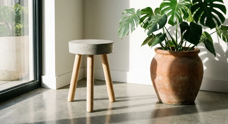 A minimalist DIY concrete stool with wooden legs in a sunlit room next to a large green plant.