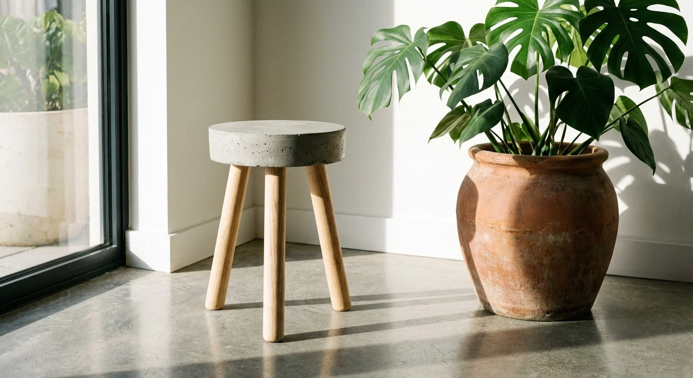 A minimalist DIY concrete stool with wooden legs in a sunlit room next to a large green plant.