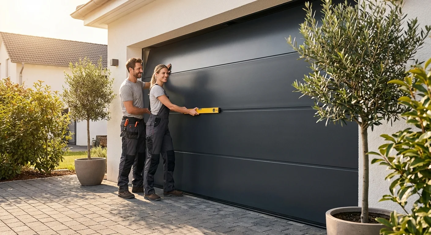 A modern charcoal garage door being installed by a DIY team in a sunny, plant-filled driveway.