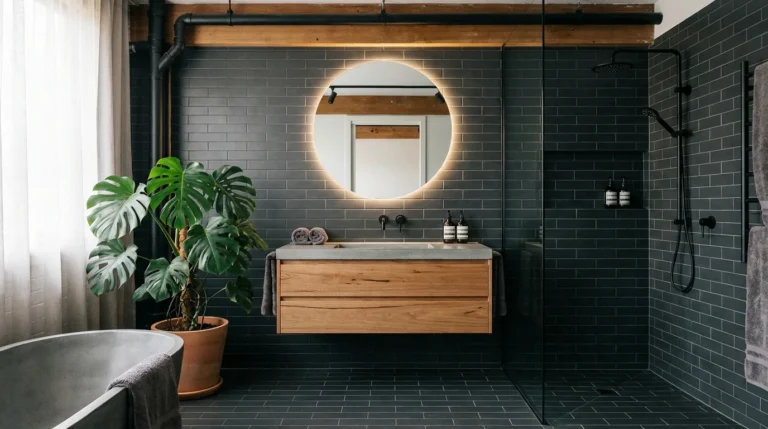 A modern industrial ensuite bathroom with charcoal tiles, black fixtures, and a wooden vanity.