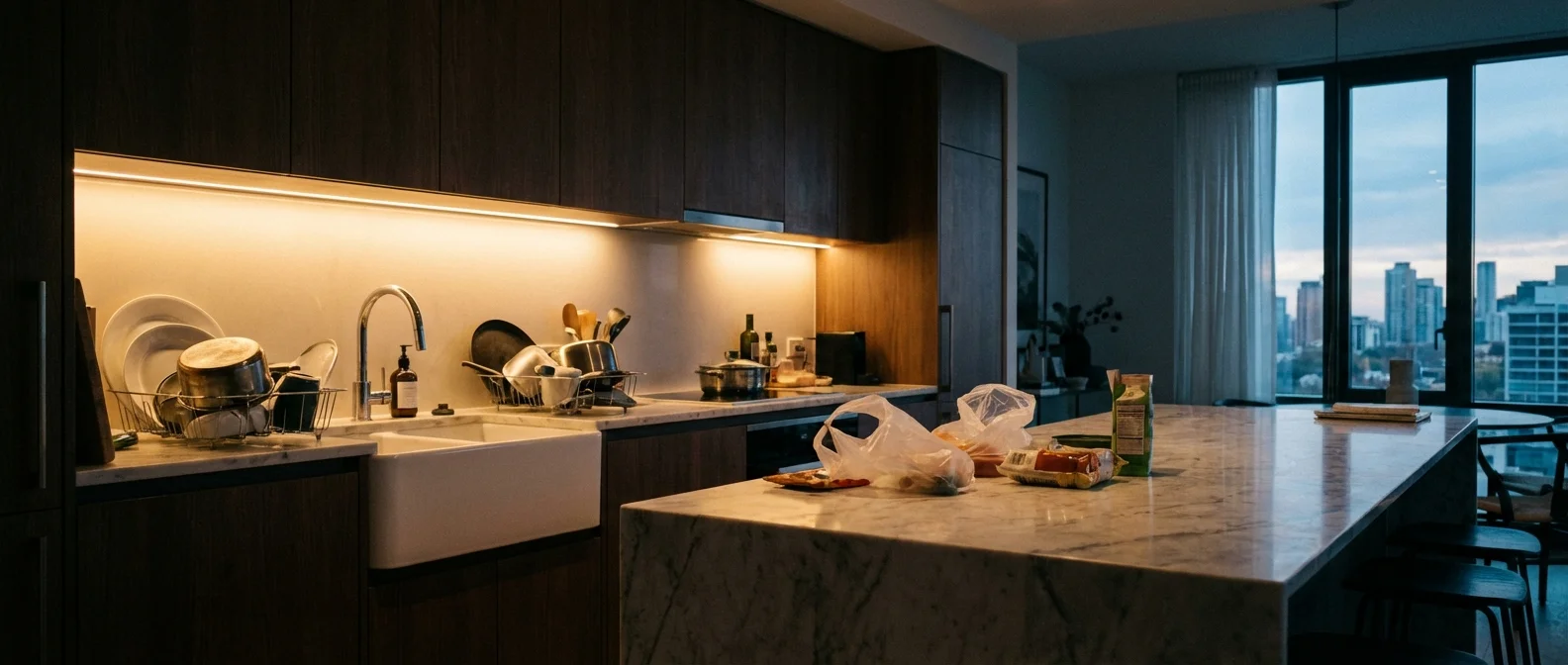 A modern kitchen at night with dishes soaking in the sink and food stored in plastic bags.