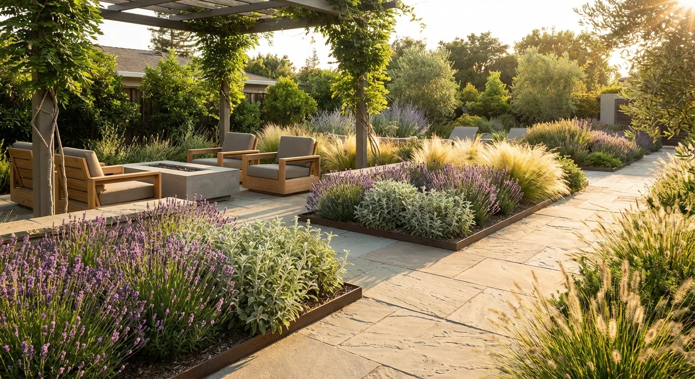A modern patio area styled with deer-resistant lavender and ornamental grasses.