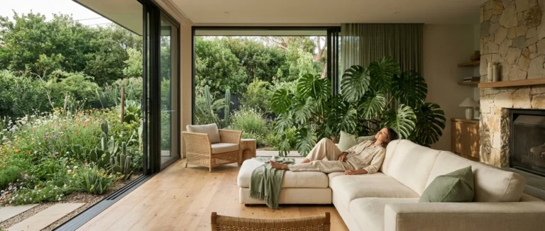 A modern, sunlit living room with large glass doors, integrated indoor plants, and a view of a lush garden.