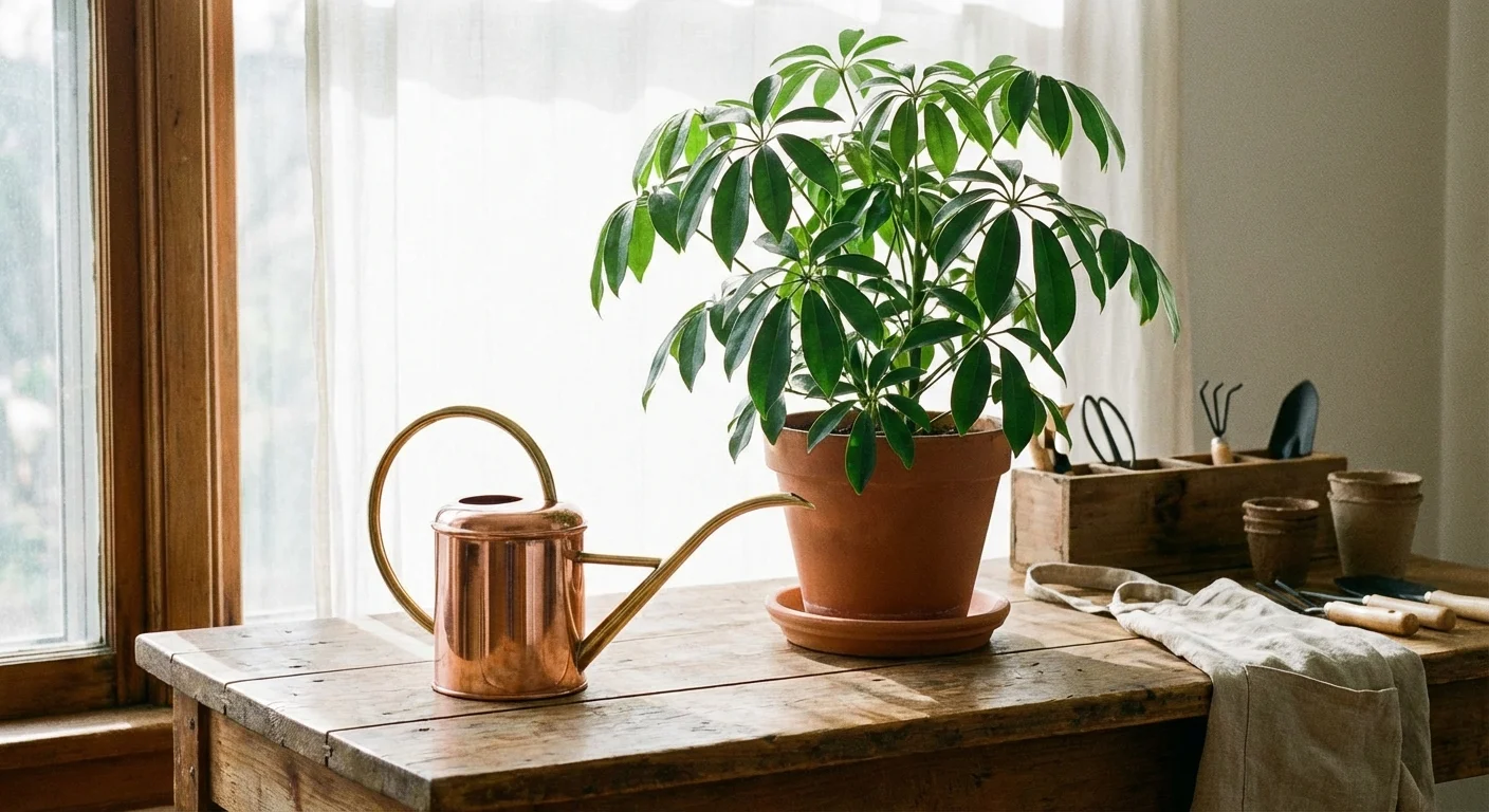 A modern watering can next to a healthy potted umbrella plant.