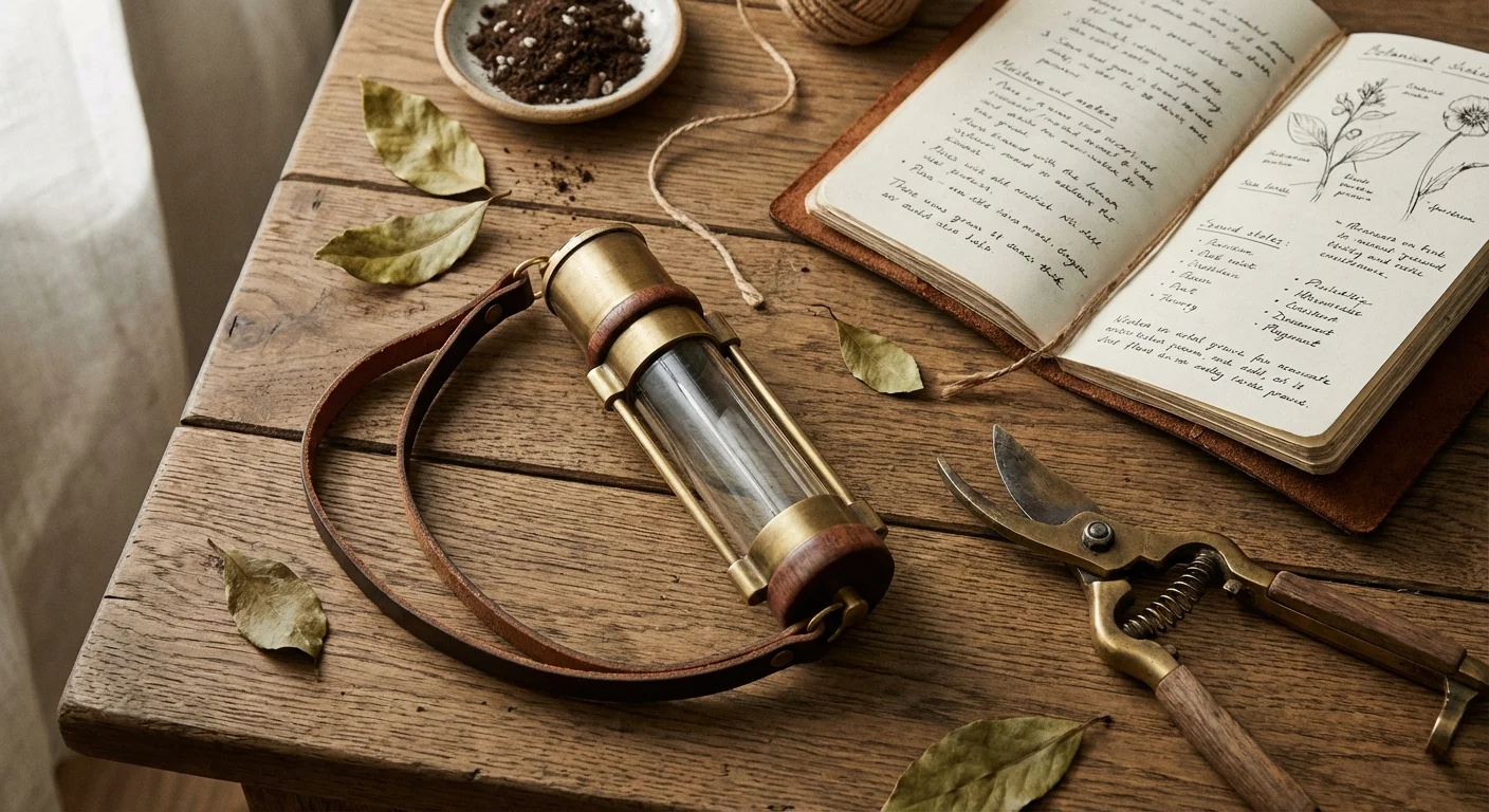 A moisture meter, a notebook, and gardening shears arranged on a wooden table.