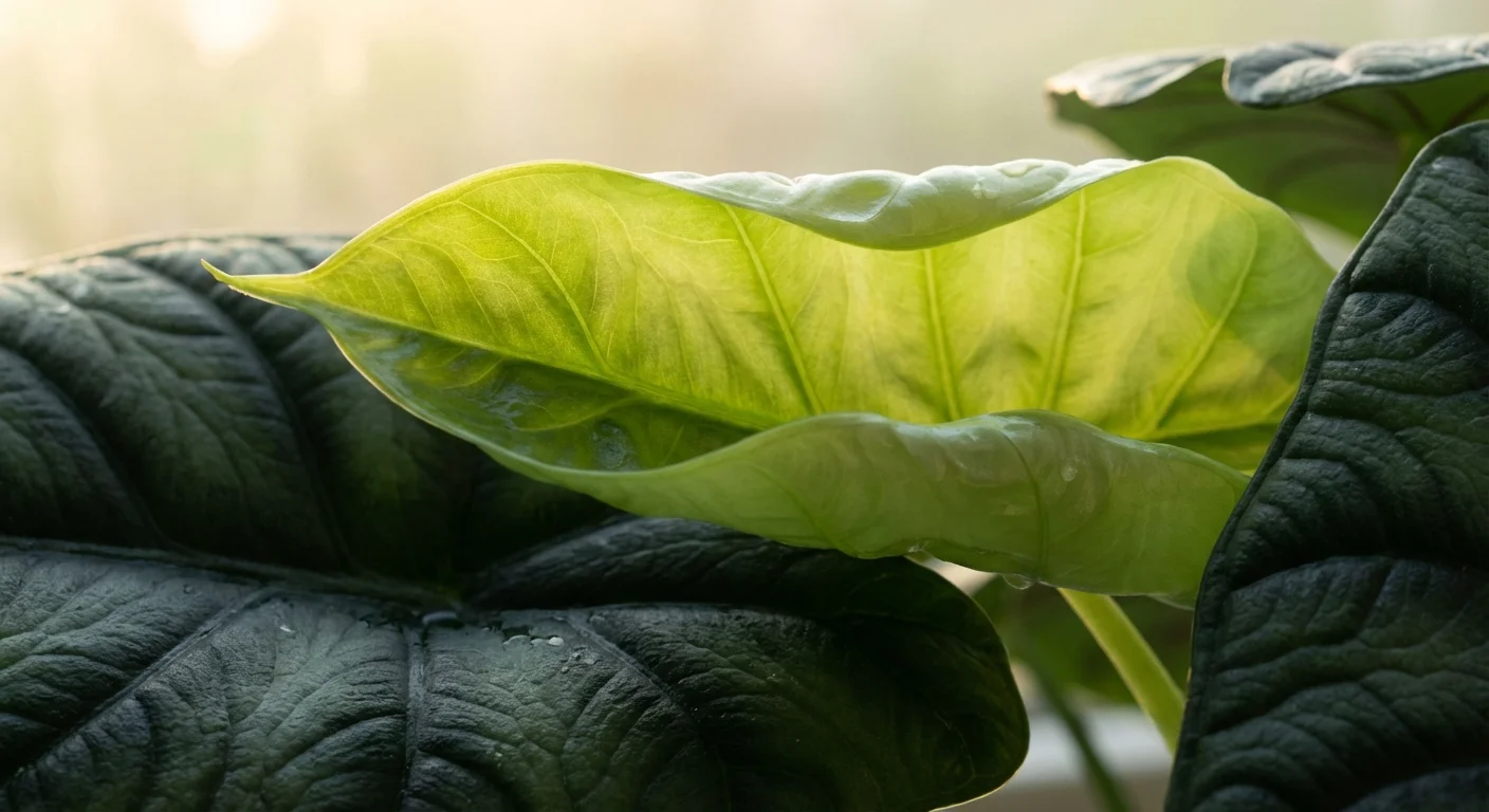 A new, bright green Alocasia leaf slowly unfurling in soft light.