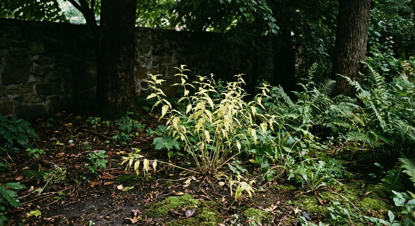 A non-flowering Bee Balm plant growing in deep shade.