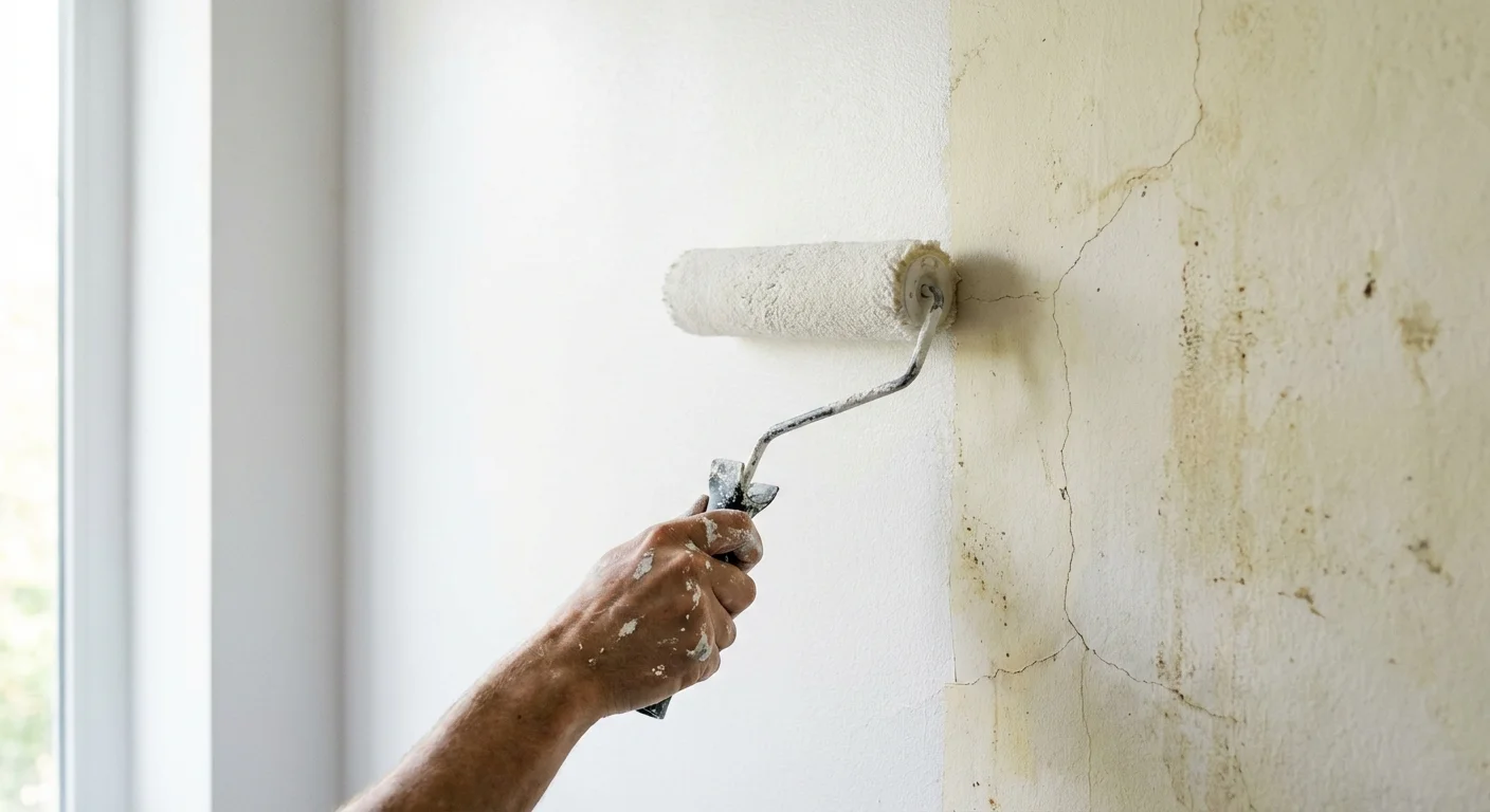A paint roller applying a muddy yellow-white paint next to a section of clean white wall.