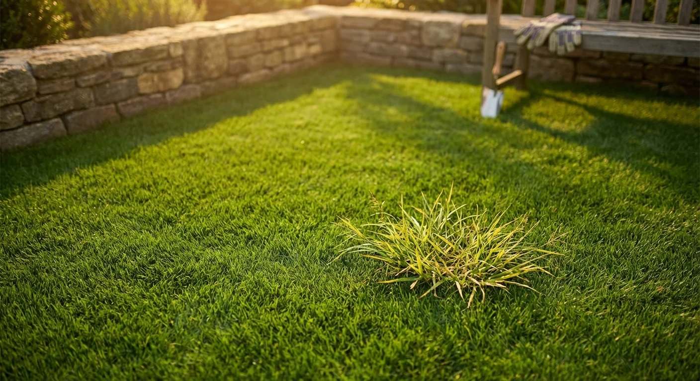 A patch of coarse crabgrass disrupting the smooth texture of a well-maintained lawn.